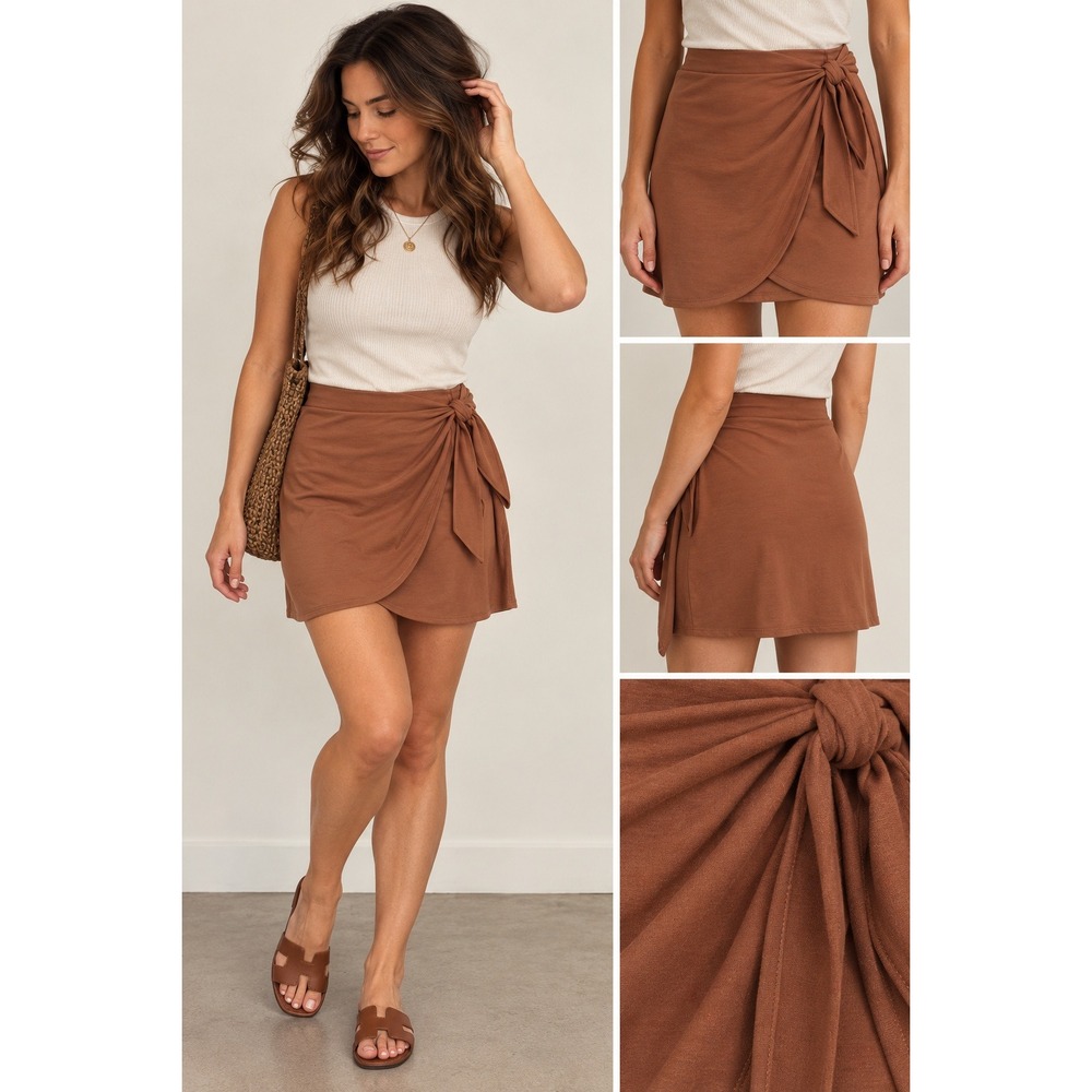 Wilfred Wrap Skirt XL Terracotta Brown Tie Side Aritzia Mini Ecovero Stretch